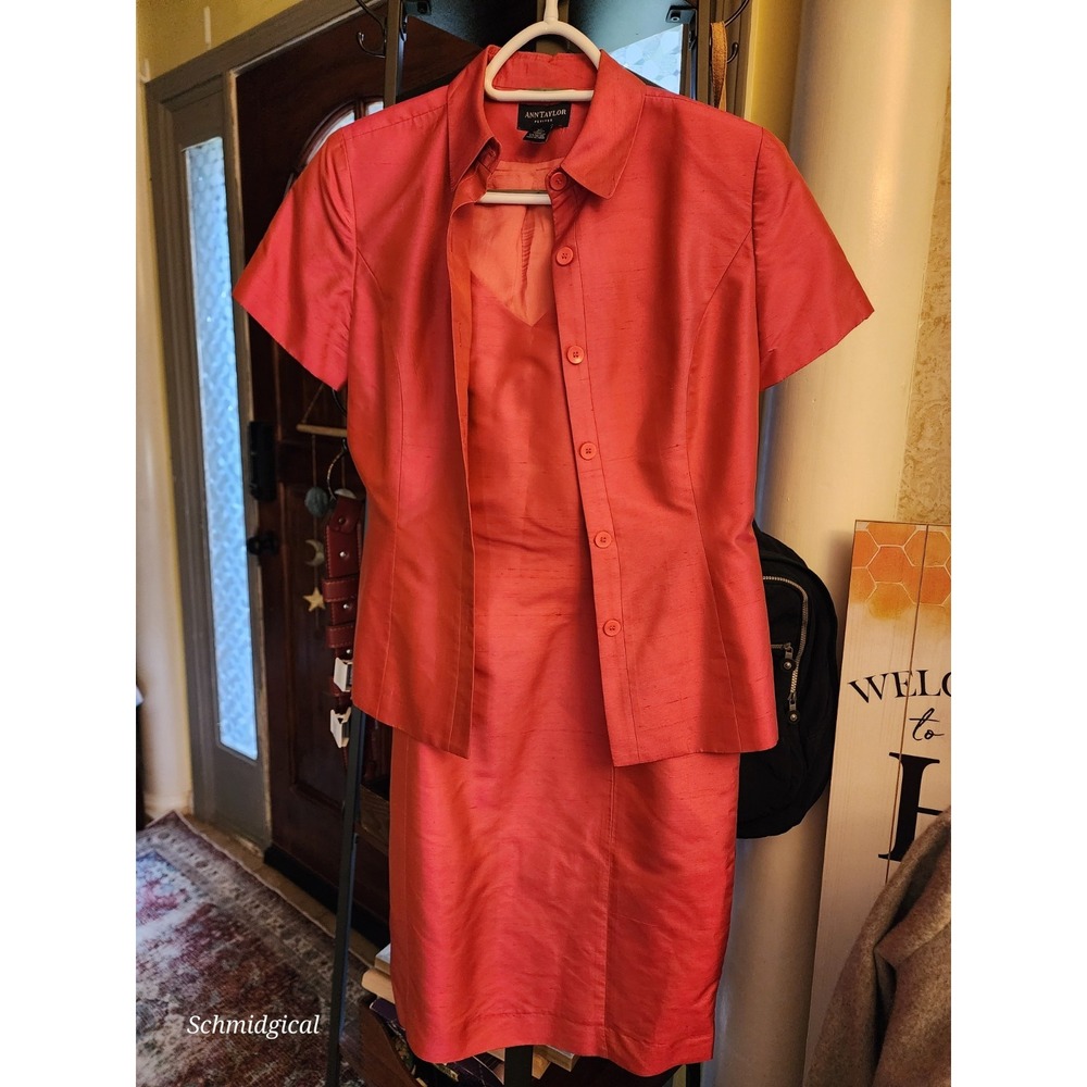 90s Ann Taylor Womens Silk Suit Set Blazer Dress Pink S(6P) Vintage office core